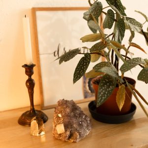 Bougie, minéraux et plante dans le cabinet d’astrologie