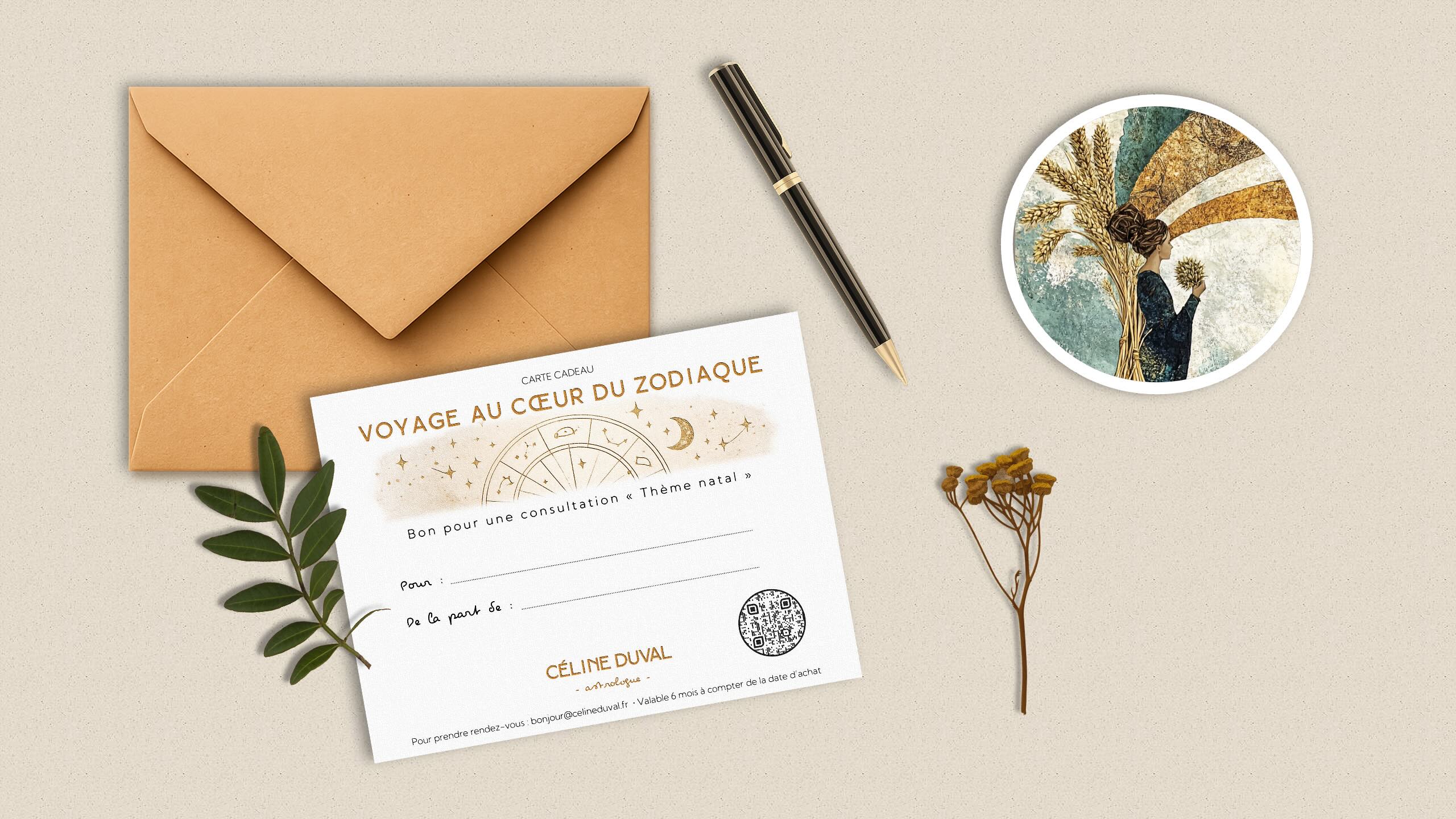 bon-cadeau-astrologie-celine-duval Carte cadeau avec enveloppe, stylo et végétaux